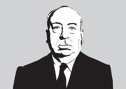 black and white illustration with grey background of famous film director alfred hitchcock in portrait facing the camera, finely detailed minimalist lineart stencil artwork