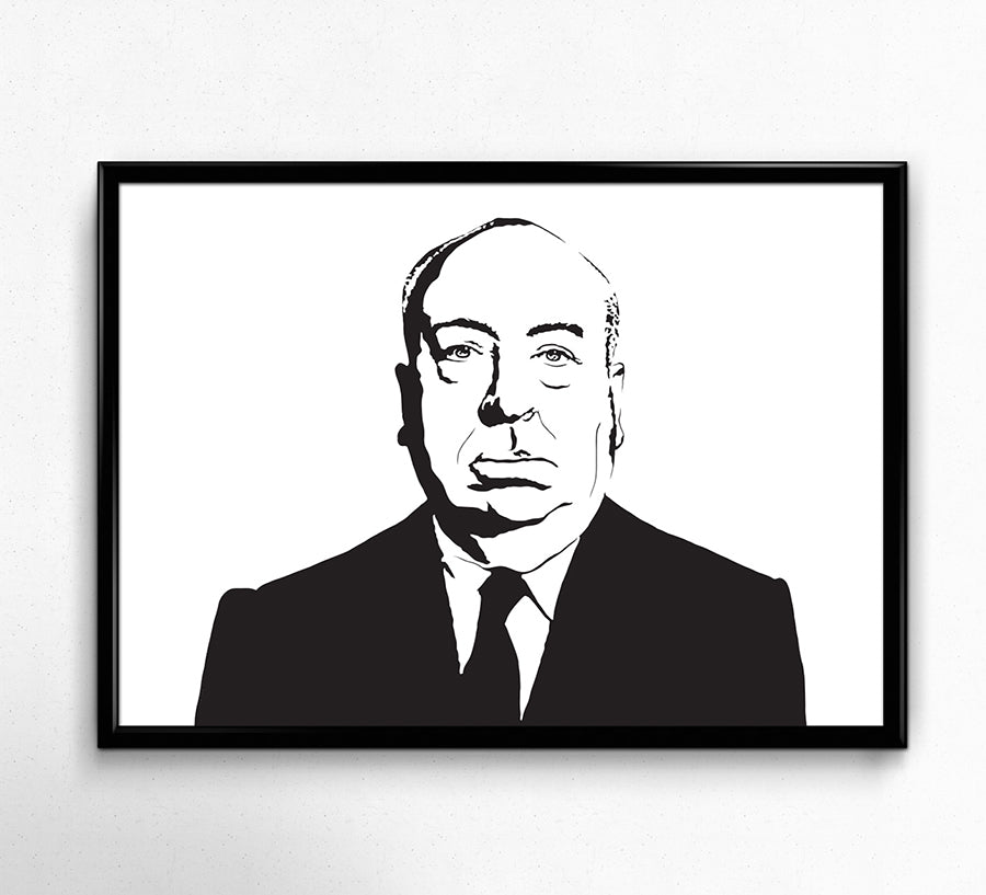 framed black and white illustration of famous film director alfred hitchcock in portrait facing the camera, finely detailed minimalist lineart stencil artwork