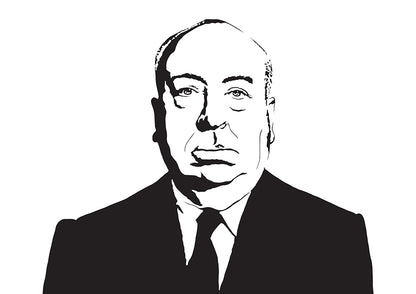 black and white illustration of famous film director alfred hitchcock in portrait facing the camera, finely detailed minimalist lineart stencil artwork