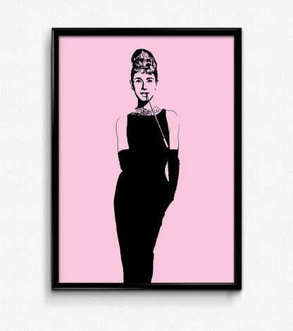  digital minimalist stencil black and white illustration of audrey hepburn as holly golightly from the film breakfast of tiffanys, slender profile in a sleek black dress and gloves to her elboys, pearl necklaces and hair in a bun with a long cigarette holder in her smiling mouth, baby pink background framed