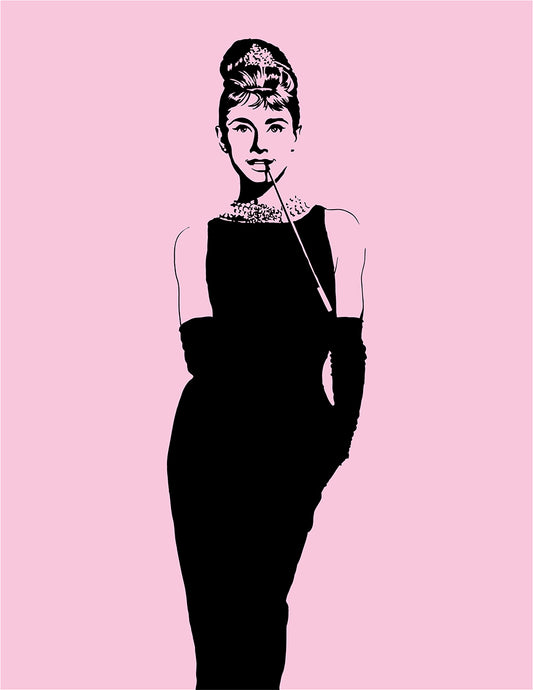  digital minimalist stencil black and white illustration of audrey hepburn as holly golightly from the film breakfast of tiffanys, slender profile in a sleek black dress and gloves to her elboys, pearl necklaces and hair in a bun with a long cigarette holder in her smiling mouth, baby pink background