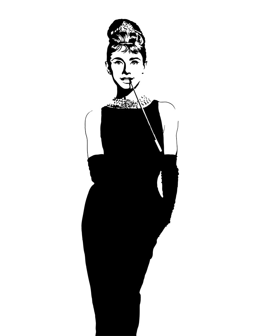  digital minimalist stencil black and white illustration of audrey hepburn as holly golightly from the film breakfast of tiffanys, slender profile in a sleek black dress and gloves to her elboys, pearl necklaces and hair in a bun with a long cigarette holder in her smiling mouth, white background