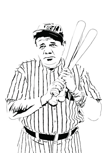  digital minimalist stencil black and white illustration of babe buth wearing a new york yankees uniform and ballcap holding three bats over his left shoulder, ruth is gazing into the distance