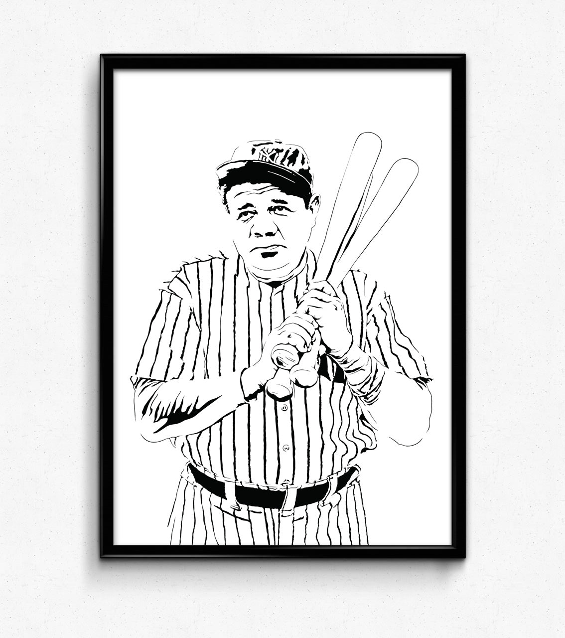  digital minimalist stencil black and white illustration of babe buth wearing a new york yankees uniform and ballcap holding three bats over his left shoulder, ruth is gazing into the distance, print is in a black frame on the wall