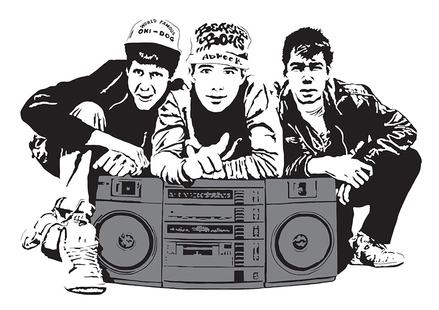 digital minimalist stencil illustration of the beastie boys hip hop group featuring ad-rock, MCA, and Mike D crouching behind a large boom box tape deck, illustration is black and white except the boombox is colored in with grey