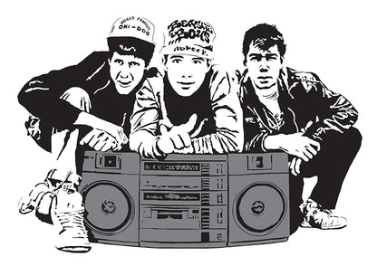 digital minimalist stencil illustration of the beastie boys hip hop group featuring ad-rock, MCA, and Mike D crouching behind a large boom box tape deck, illustration is black and white except the boombox is colored in with grey