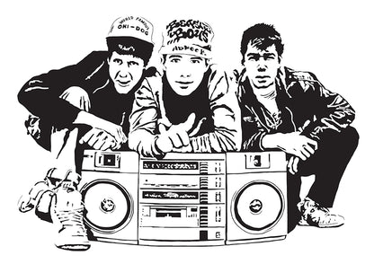 digital minimalist stencil illustration of the beastie boys hip hop group featuring ad-rock, MCA, and Mike D crouching behind a large boom box tape deck, illustration is black and white