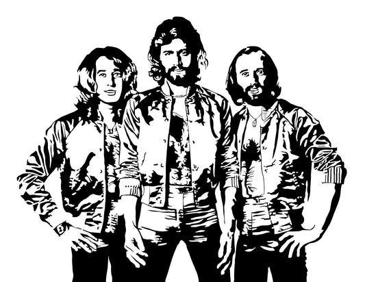  digital minimalist stencil illustration of the disco legends the bee gees featuring barry, robin, and maurice gibb wearing members only jackets and standing shoulder to shoulder, illustration is black and white