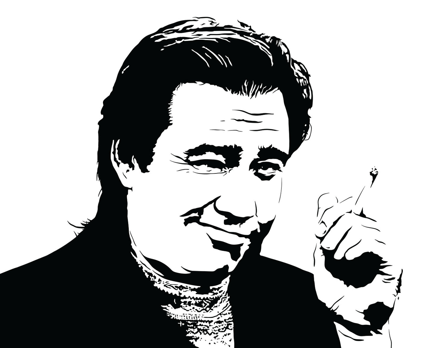 digital black and white illustration of comedian bill hicks smirking at the viewer while holding a cigarette in his hand, upper body portrait shot