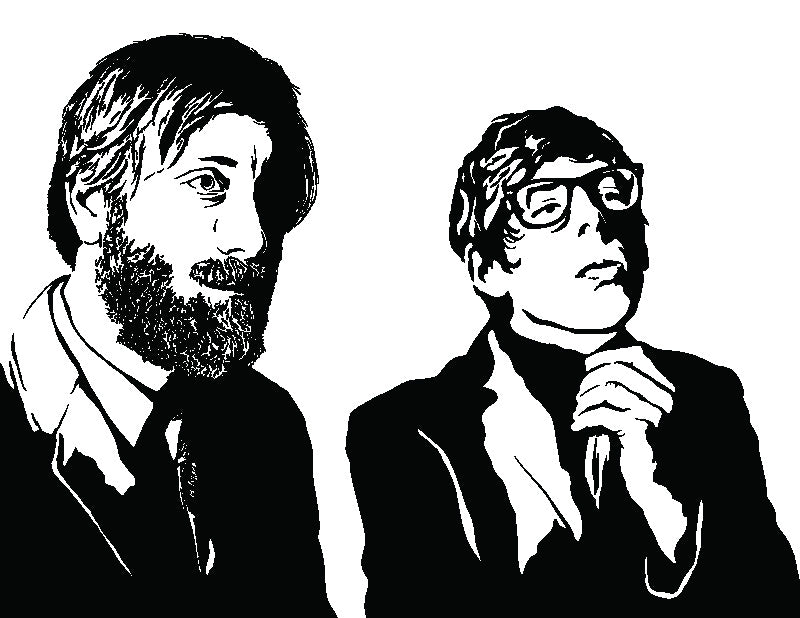 black and white illustration portrait of dan auerbach and patrick carney of the black keys rock group, art print