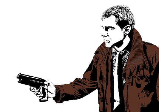 digital illustration of rick deckard from the film blade runner played by harrison ford wearing a brown jacket and holding a pistol, black and white illustration with only the jacket colored brown