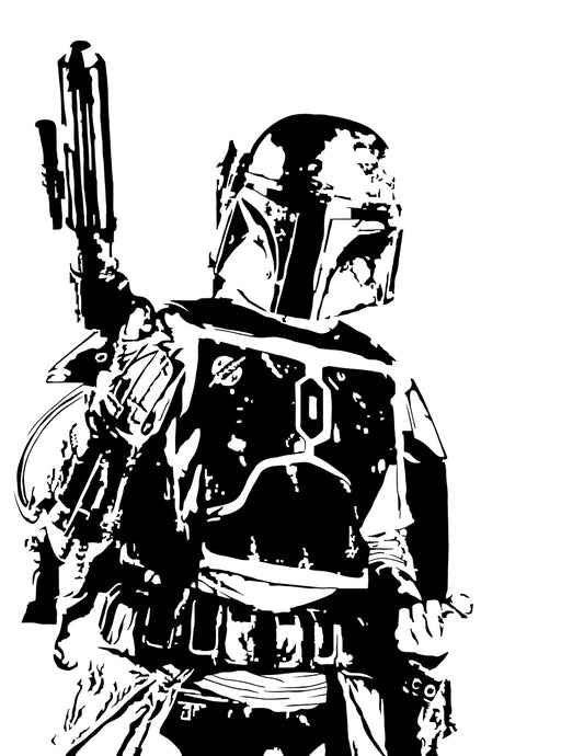 black and white digital illustration of star wars mercenary boba fett in his armor and helet holding a blaster