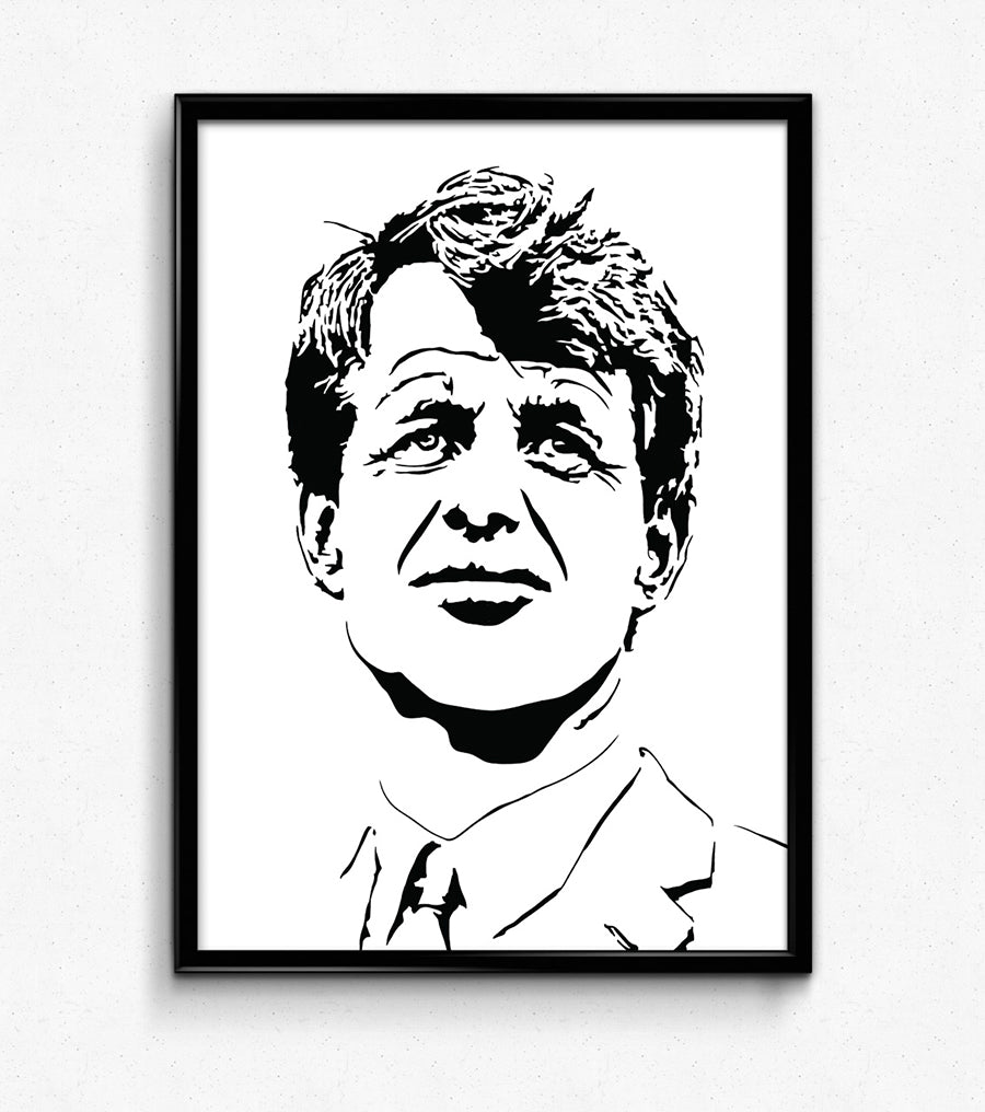 black and white illustration of robert kennedy, aka bobby or RFK, former democrat politician staring into the distance in portrait, art print framed