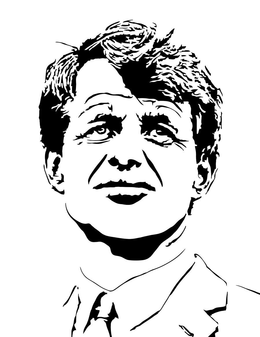 black and white illustration of robert kennedy, aka bobby or RFK, former democrat politician staring into the distance in portrait