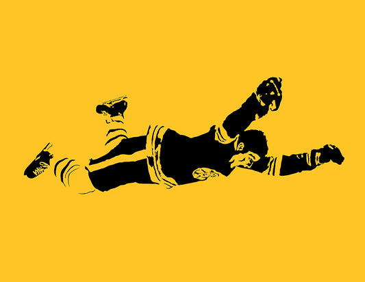 digital illustration of bobby orr of the boston bruins diving through the air after scoring the winning goal in the stanley cup playoffs, black artwork with a gold background