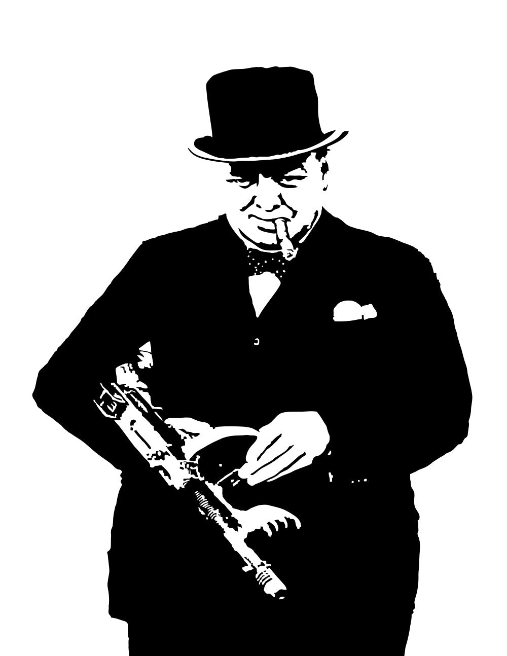 minimalist black and white digital illustration of british prime minister winston churchill during world war II holding a tommy gun and smoking a cigar, he is dressed in a suit with a bow tie and a dress hat