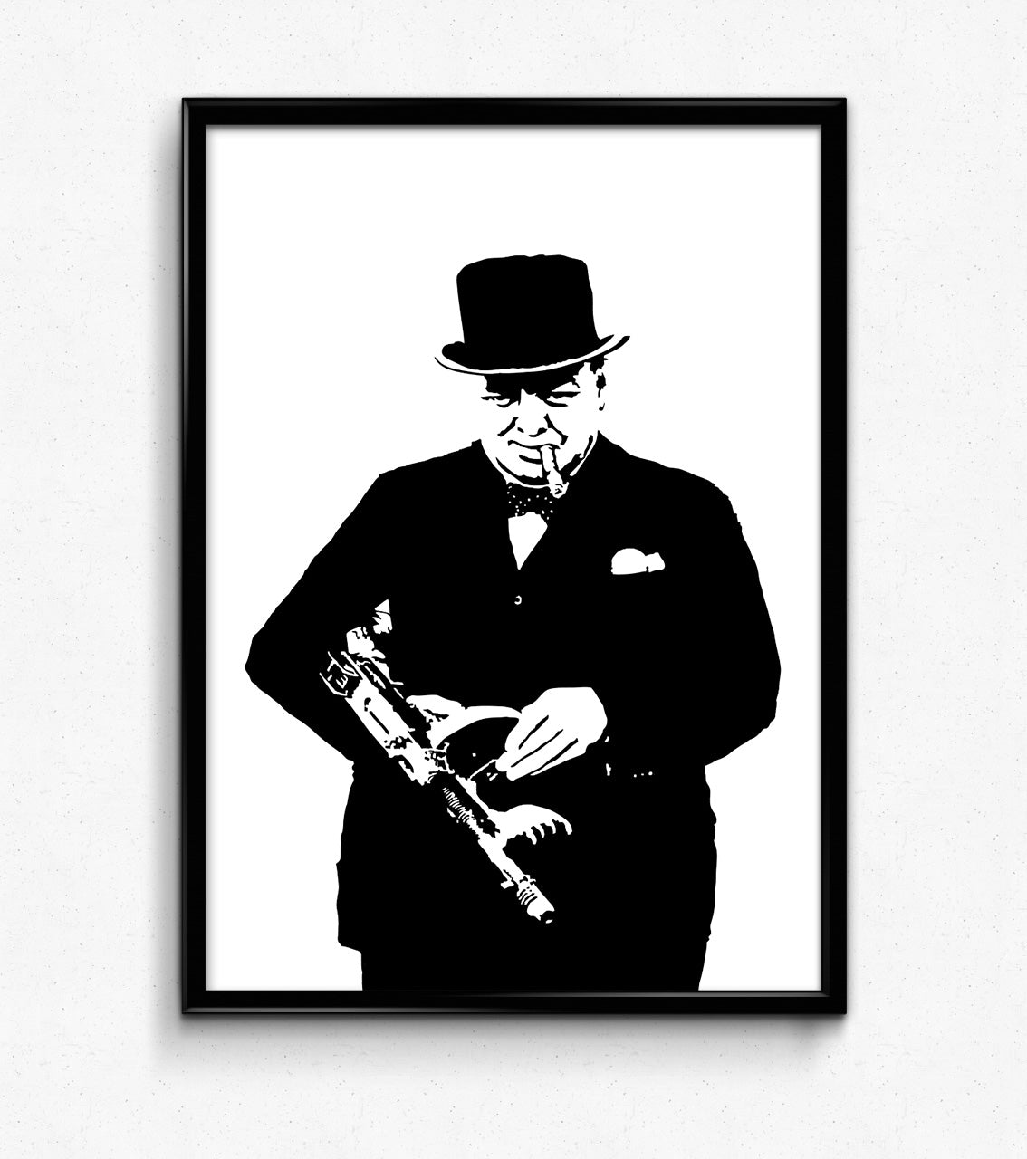 minimalist black and white digital illustration of british prime minister winston churchill during world war II holding a tommy gun and smoking a cigar, he is dressed in a suit with a bow tie and a dress hat, framed art print