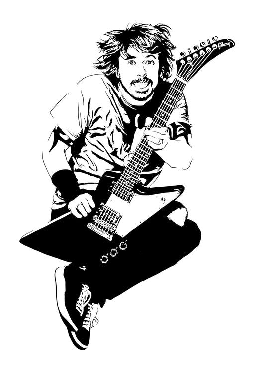 digital minimalist stencil illustration of dave grohl of foo fighters jumping with his guitar