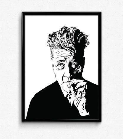 minimalist black and white digital illustration of director david lynch, portrait style while smoking a cigarette, framed art print