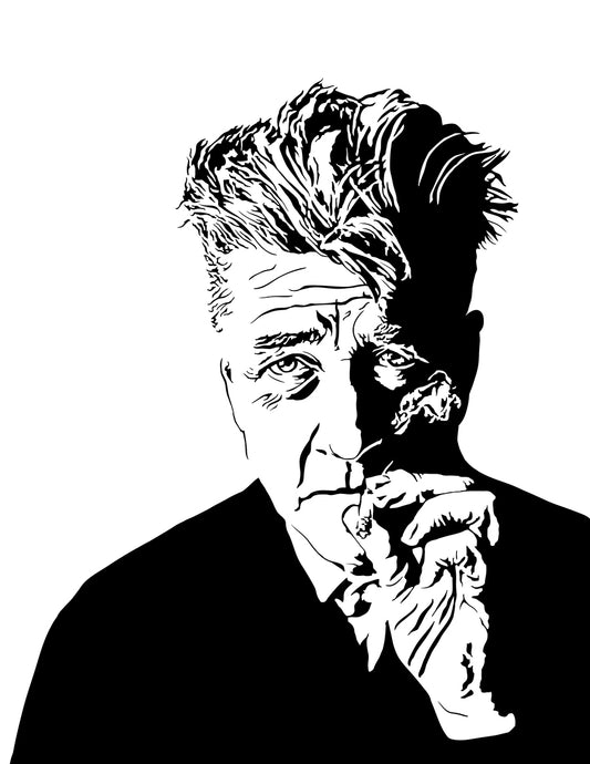 minimalist black and white digital illustration of director david lynch, portrait style while smoking a cigarette