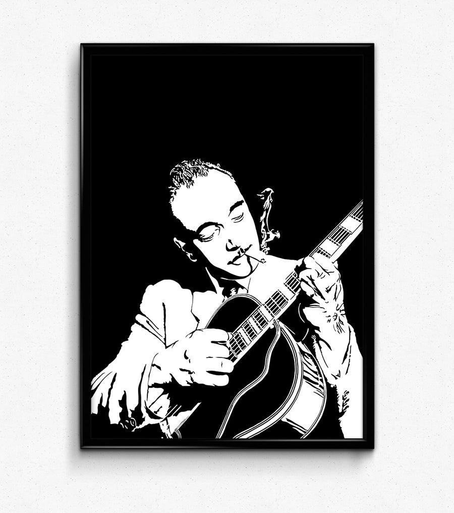 minimalist black and white illustration of django reinhardt playing the guitar and smoking a cigarette, framed art print