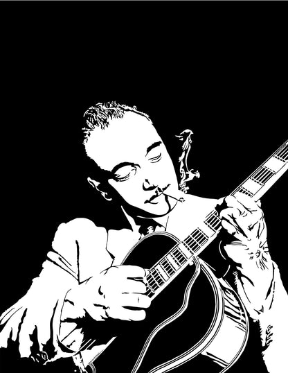 minimalist black and white illustration of django reinhardt playing the guitar and smoking a cigarette