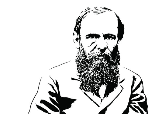 minimalist digital illustration portrait of russian author Fyodor Dostoevsky staring at viewing in a suit with a long beard