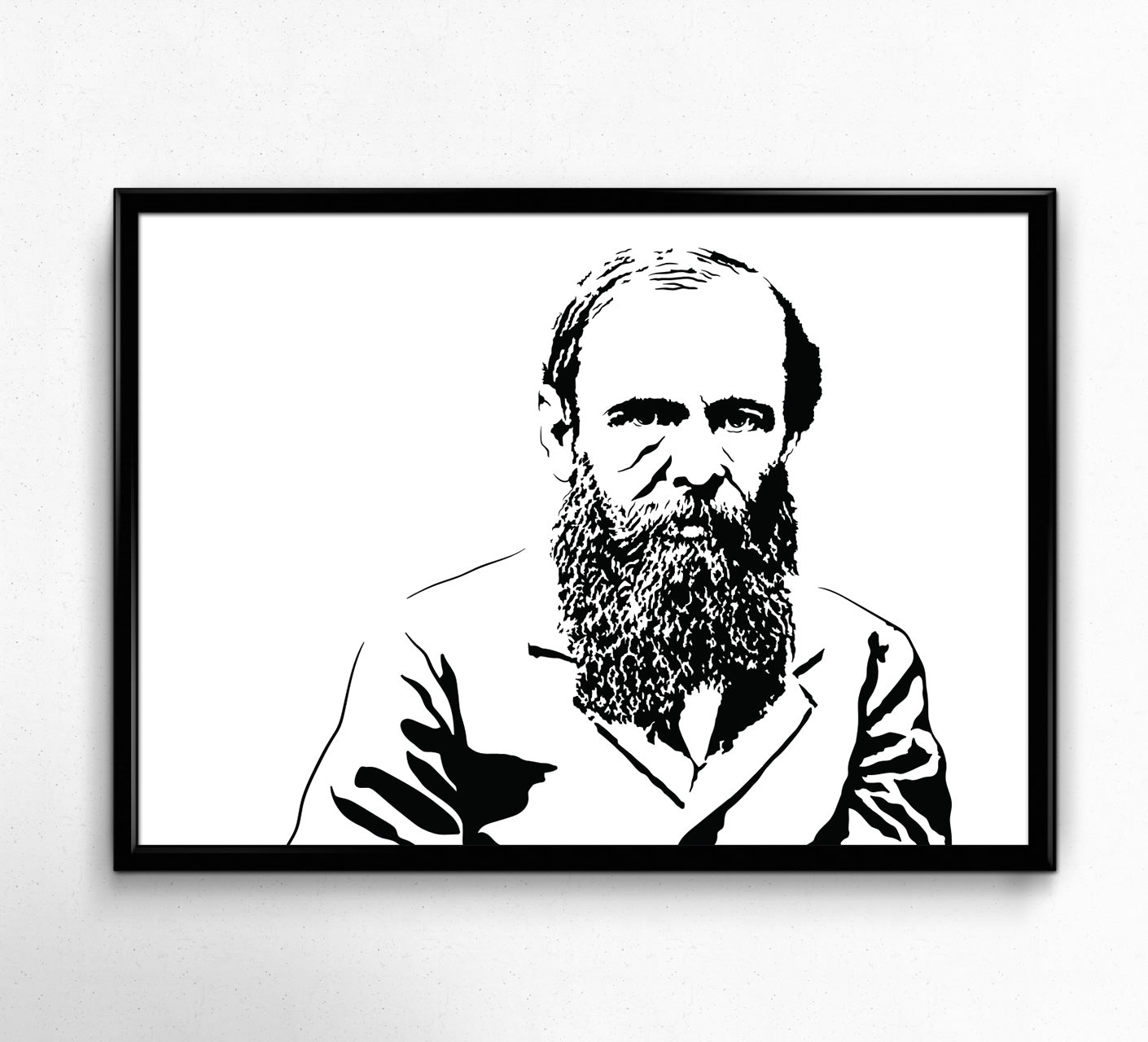 minimalist digital illustration portrait of russian author Fyodor Dostoevsky staring at viewing in a suit with a long beard, framed art print