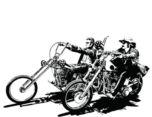 minimalist black and white digital illustration of peter fonda and dennis hopper riding harley-davidson motorcycles in the american classic film Easy Rider