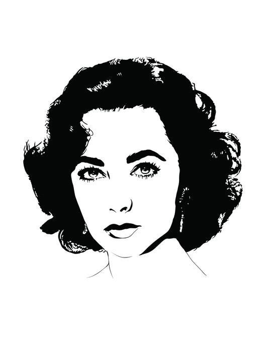 minimalist black and white digital illustration portrait of elizabeth taylor