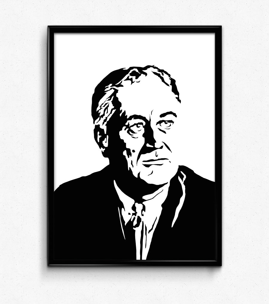 minimalist black and white digital illustration portrait of president franklin delano roosevelt aka FDR framed art print