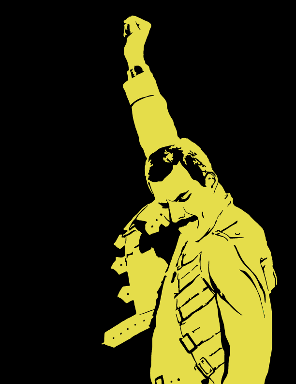 digital minimalist stencil illustration of freddie mercury frontman for queen at wembley stadium pumping his fist in the air lgbt