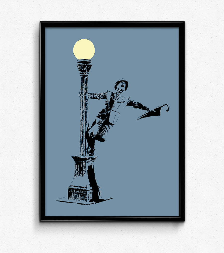 minimalist digital illustration of gene kelly performing during singin in the rain swining on a lamppost with his umbrella, black line art with a dusk blue background framed art print