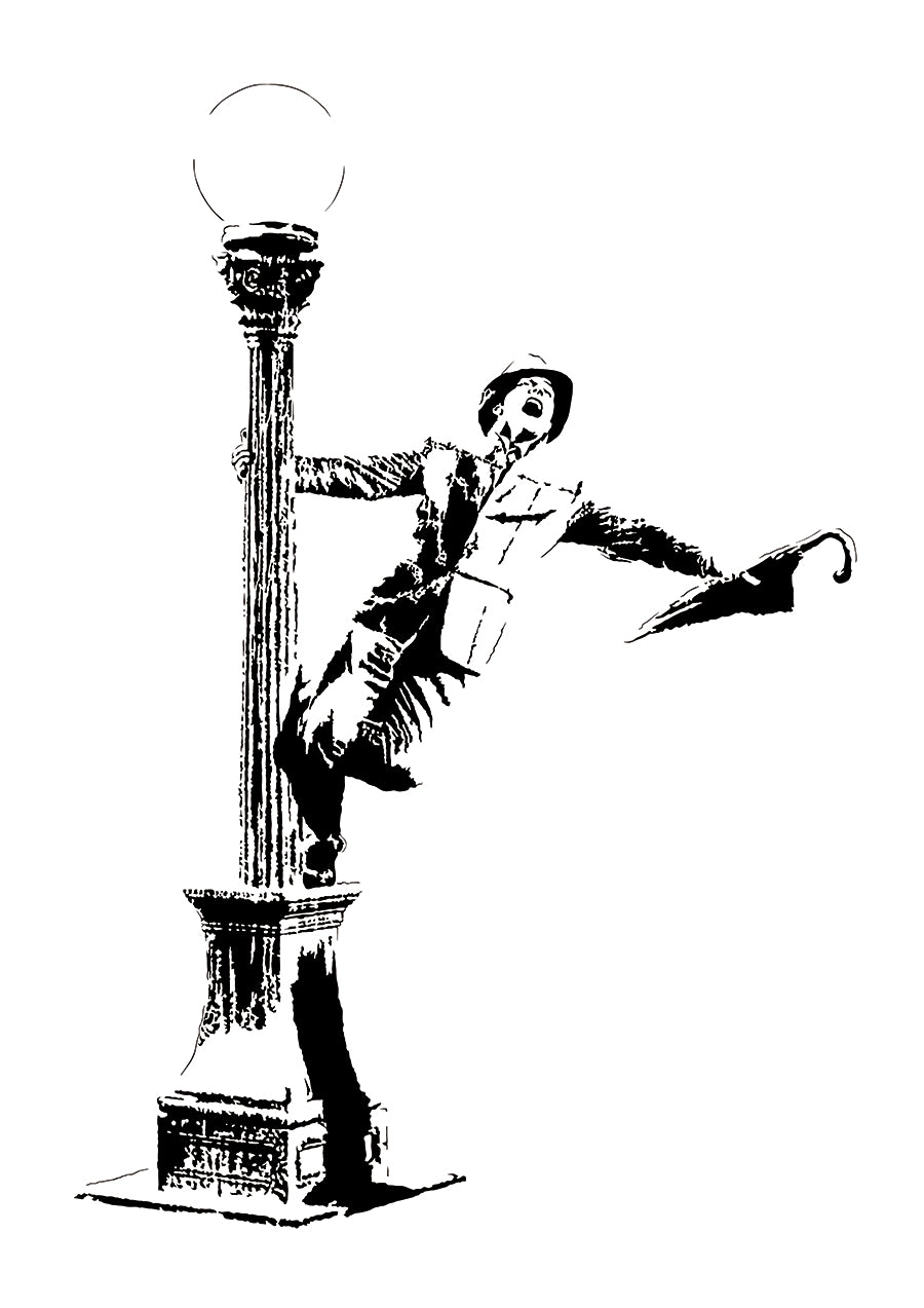 minimalist digital illustration of gene kelly performing during singin in the rain swining on a lamppost with his umbrella, black and white illustration