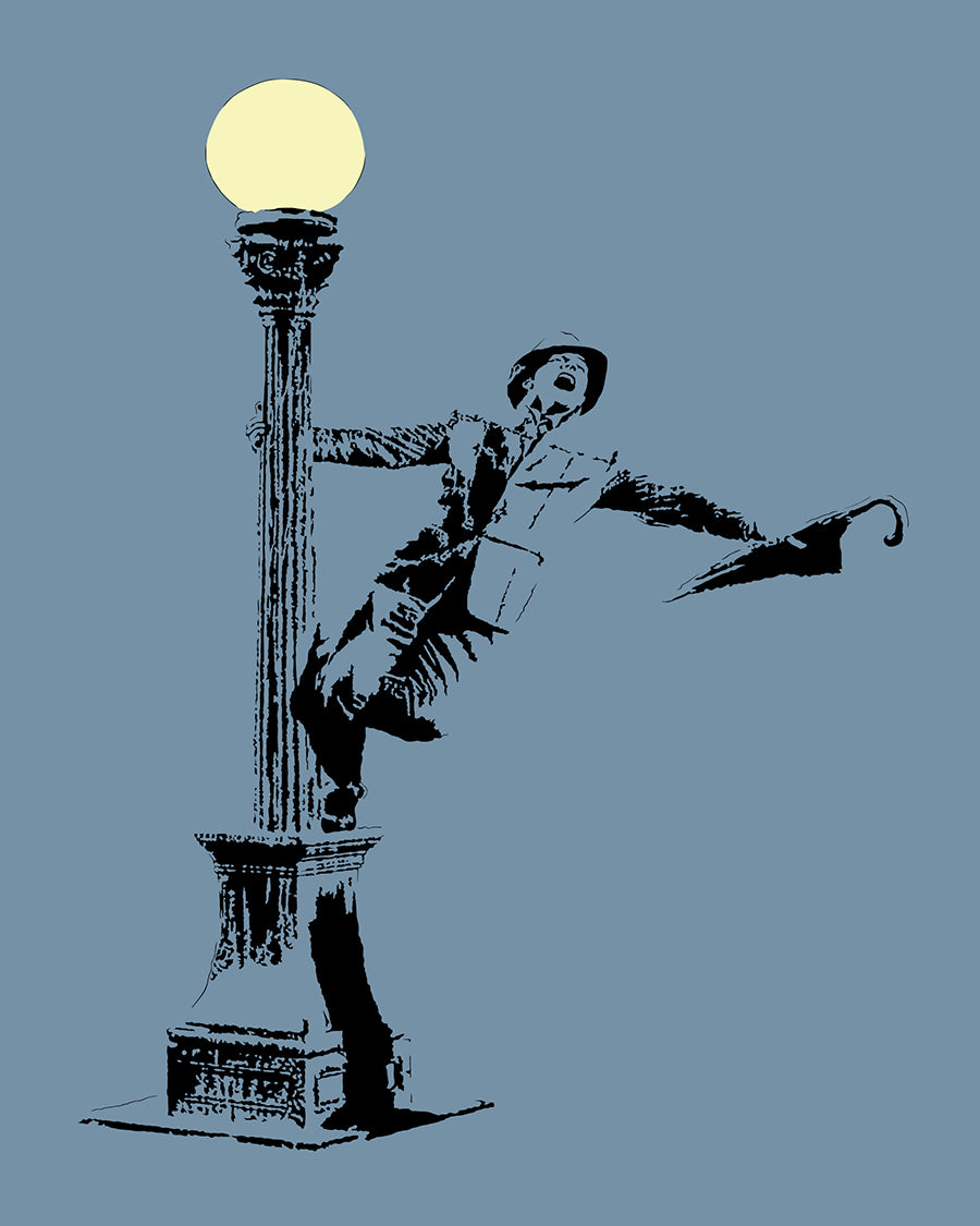 minimalist digital illustration of gene kelly performing during singin in the rain swining on a lamppost with his umbrella, black line art with a dusk blue background