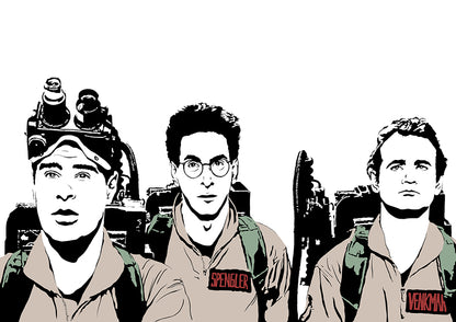 digital minimalist stencil illustration of ghostbusters team starring bull murray dan aykroyd harold ramis wearing proton packs