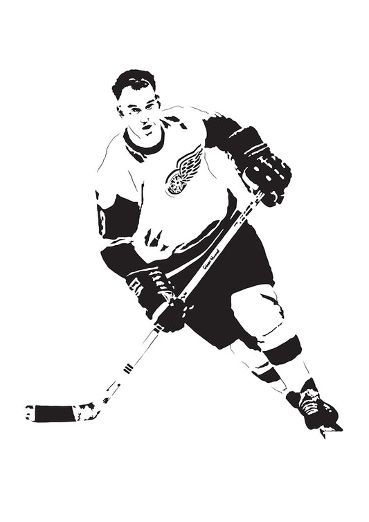 minimalist digital illustration of gordie howe of the detroit red wings hockey team skating holding a hockey stick without a helmet