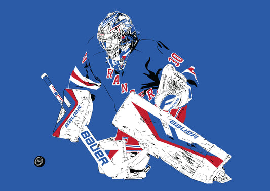 minimalist digital illustration of new york rangers goalie king henrik lundqvist making a save with blue background