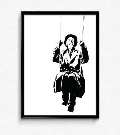 minimalist black and white digital illustration of Takashi Shimura in Ikiru swinging on a swingset, framed art print