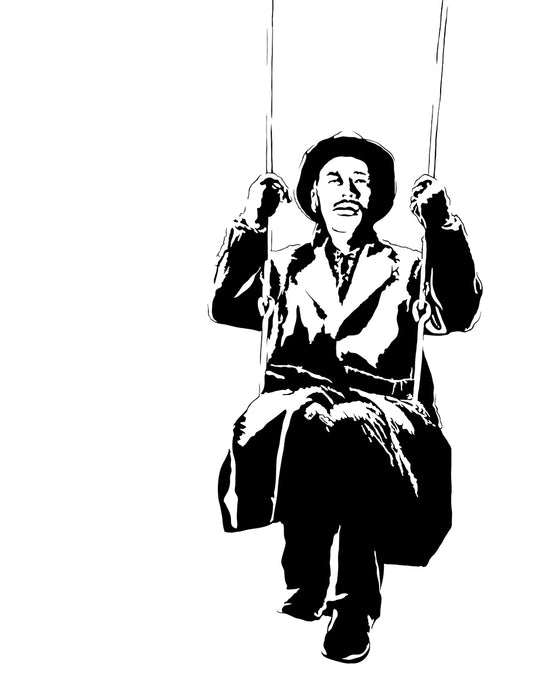 minimalist black and white digital illustration of Takashi Shimura in Ikiru swinging on a swingset