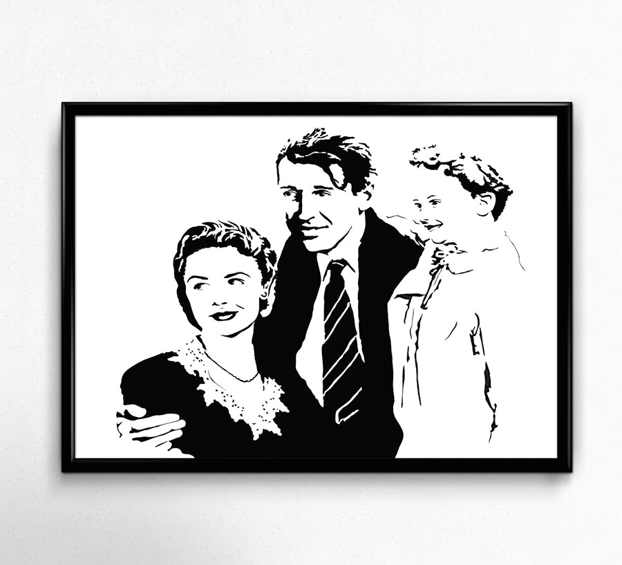 minimalist black and white digital illustration of jimmy stewart as george bailey from the christmas filmd its a wonderful life holding his family, framed art print