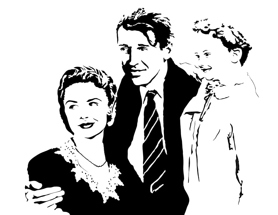 minimalist black and white digital illustration of jimmy stewart as george bailey from the christmas filmd its a wonderful life holding his family