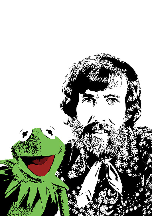 minimalist digital stencil illustration of jim henson and kermit the frog in portrait