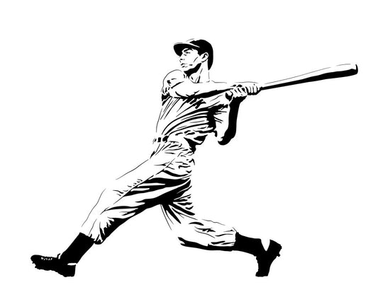 minimalist black and white digital stencil illustration of joltin' joe dimaggio playing for the new york yankees in a post-swing stance