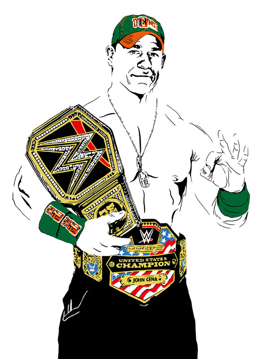 digital minimalist stencil illustration of professional wrestler john cena holding WWE world championship belt and wearing WWE United States championship belt