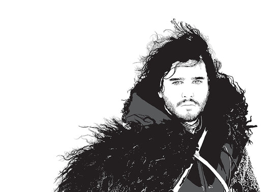 digital minimalist stencil illustration of kit harington as jon snow from game of thrones wearing nights watch cloak and staring at the viewer