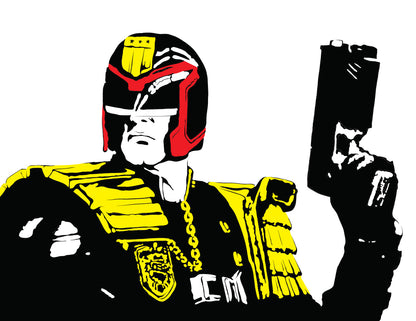 digital minimalist stencil illustration of sylvester stallone as judge dredd wearing armor and holding lawgiver pistol