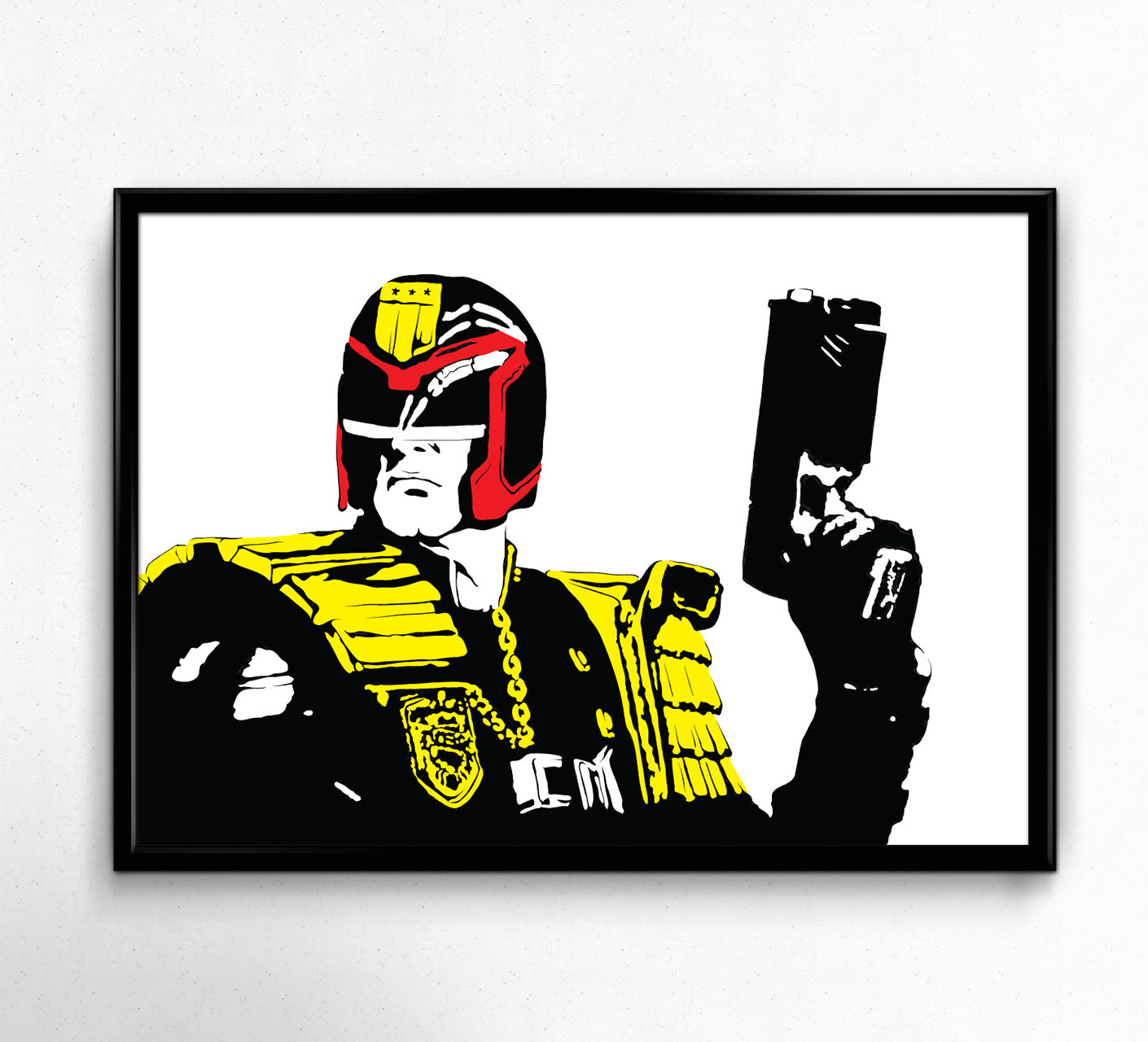 digital minimalist stencil illustration of sylvester stallone as judge dredd wearing armor and holding lawgiver pistol, framed art print