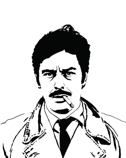  digital minimalist stencil illustration of french actor alain delon in le cercle rouge smoking a cigarette