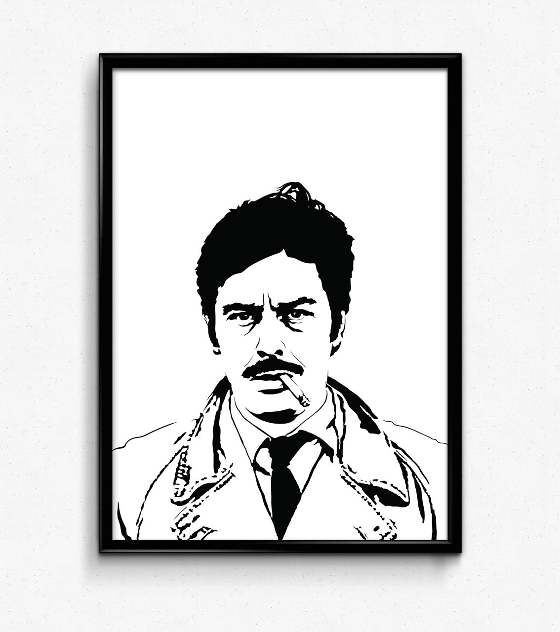  digital minimalist stencil illustration of french actor alain delon in le cercle rouge smoking a cigarette, framed art print